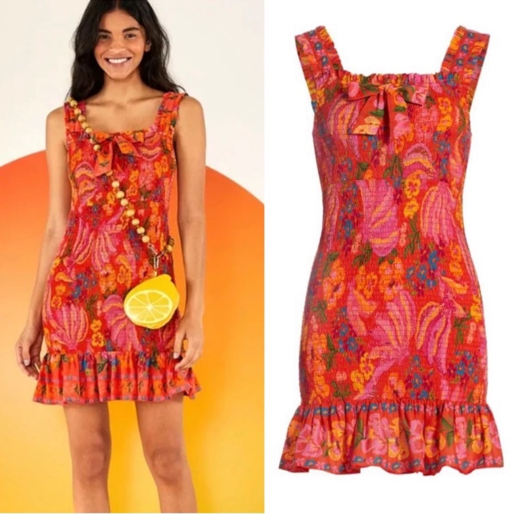 FARM Rio Pink & Orange Floral Tie-Neck Mini Dress